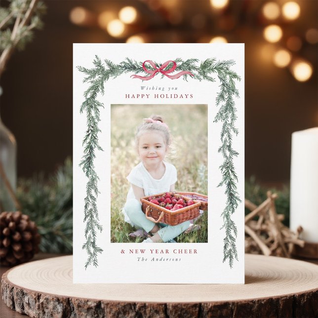 Pine Branch Frame Photo Christmas  Holiday Card (Creator Uploaded)