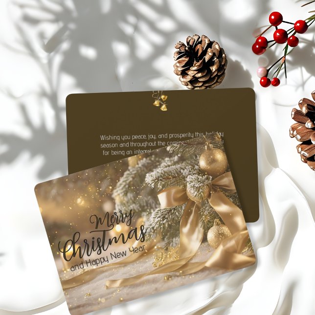 Pine Branch Golden Satin Ribbon Elegant Christmas Holiday Card (Creator Uploaded)