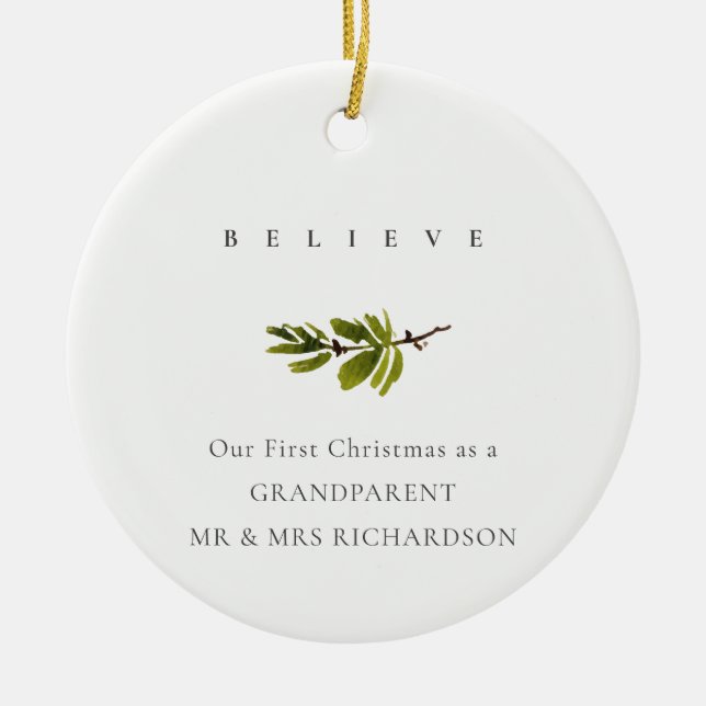 Pine Branch Our First Christmas Photo Believe Ceramic Tree Decoration (Front)