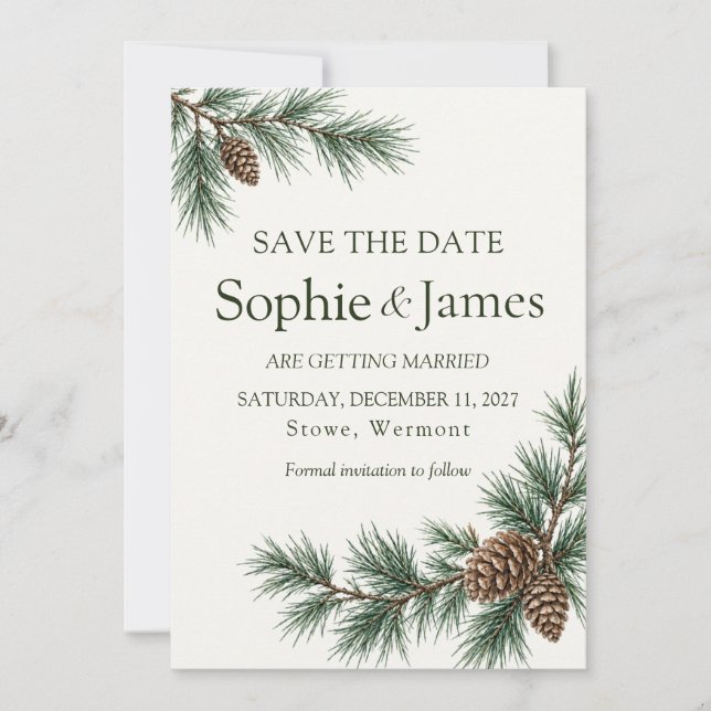 Pine Branch Pinecone Forest Green Wedding Save The Date (Front)