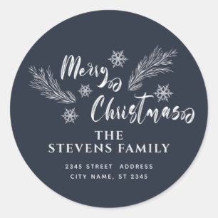 Pine branch  snowflake script Merry Christmas  Classic Round Sticker