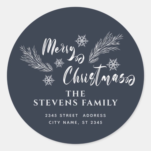 Pine branch  snowflake script Merry Christmas  Classic Round Sticker (Front)
