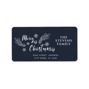 Pine branch snowflake script Merry Christmas Label