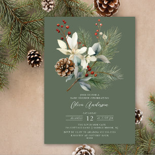 Pine Branch Winter Botanical Baby Shower Invitation