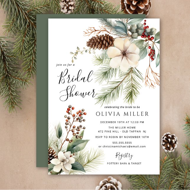 Pine Branch Winter Botanical Bridal Shower  Invitation (Creator Uploaded)