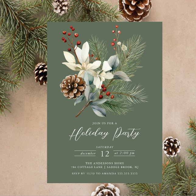 Pine Branch Winter Botanical Holiday Party Invitation (Creator Uploaded)