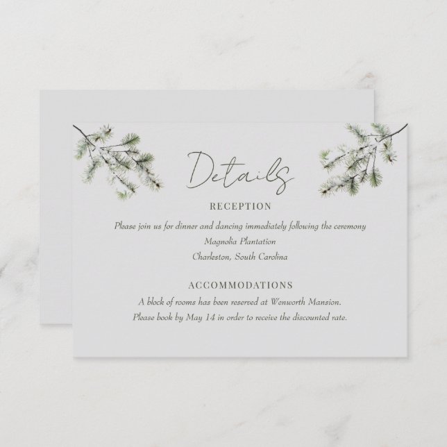 Pine Branch | Winter Forest Wedding Details  Enclosure Card (Front/Back)