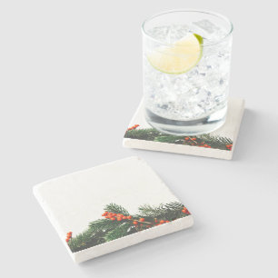 Pine Branch with Berries Greens Stone Coaster
