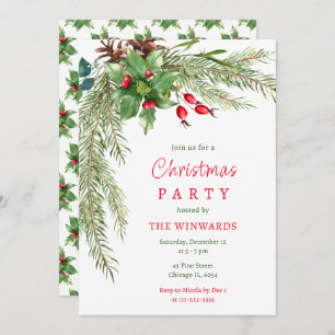 Pine Branches and Berries Christmas Party  Invitation
