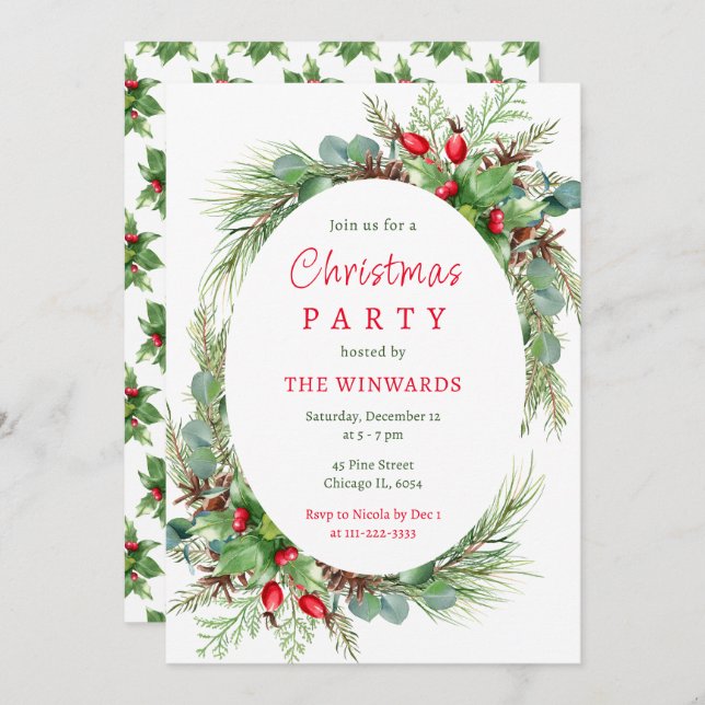 Pine Branches and Berries Christmas Party  Invitation (Front/Back)