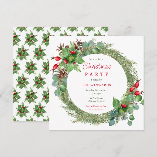 Pine Branches and Berries Christmas Party  Invitation (Front/Back)