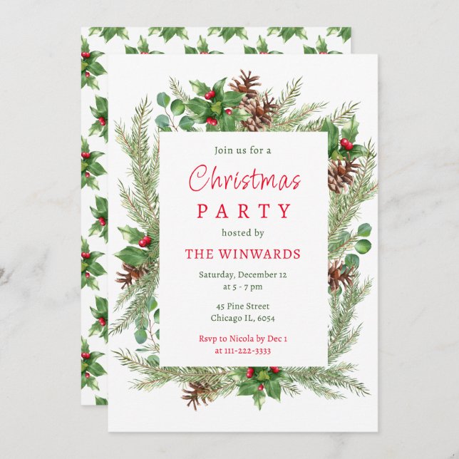 Pine Branches and Berries Christmas Party  Invitation (Front/Back)