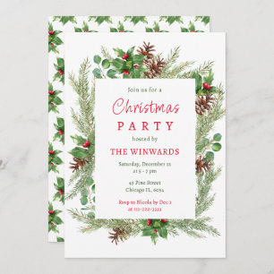 Pine Branches and Berries Christmas Party  Invitation