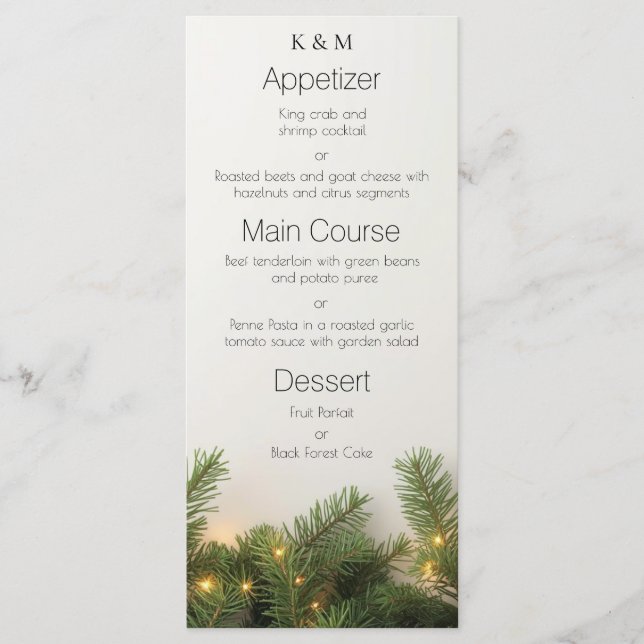 Pine Branches and Christmas Lights Elegant Dining Menu (Front)
