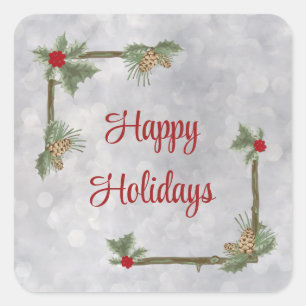 Pine Branches and Holly Square Stickers