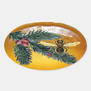 PINE BRANCHES AND HONEY BEE / BEEKEEPER BEEKEEPING OVAL STICKER