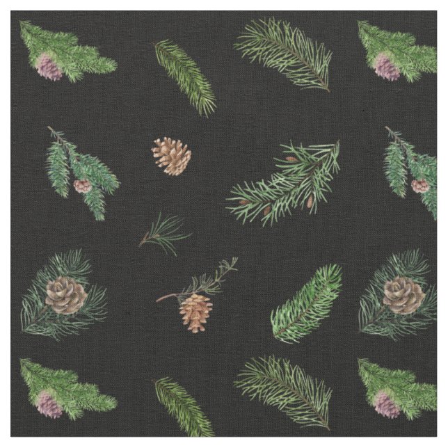 Pine Branches and Pinecones Forest Black Fabric (Close Up)