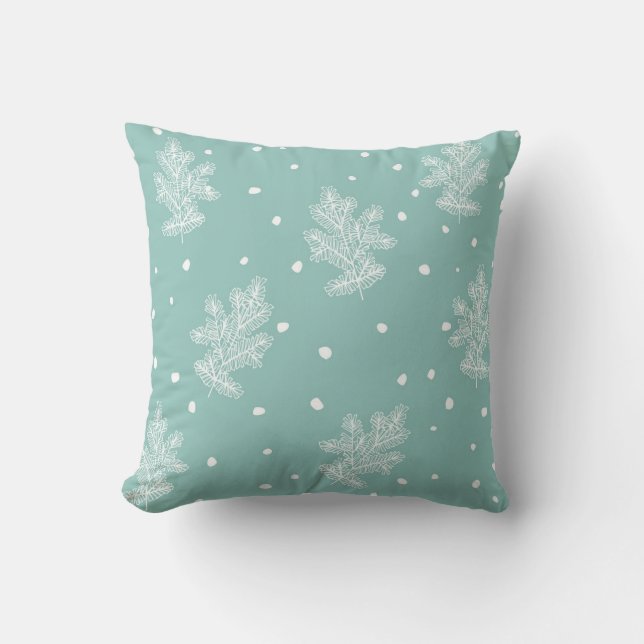 Pine Branches and Snowflakes Turquoise and White Cushion (Front)
