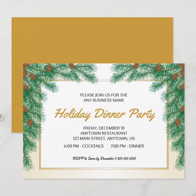 Pine Branches Business Christmas Dinner Party Invitation (Front/Back)