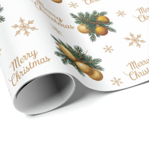 Pine Branches Gold Snowflake Bauble Ornament Wrapping Paper