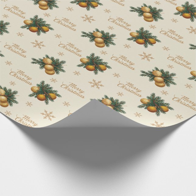 Pine Branches Gold Snowflake Bauble Ornament Wrapping Paper (Corner)