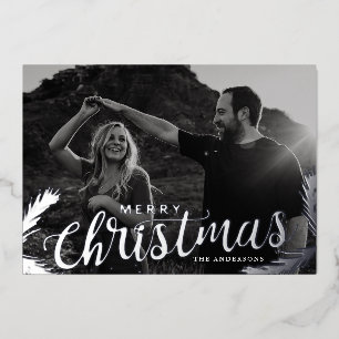 Pine Branches Merry Christmas Photo Silver Foil Holiday Card