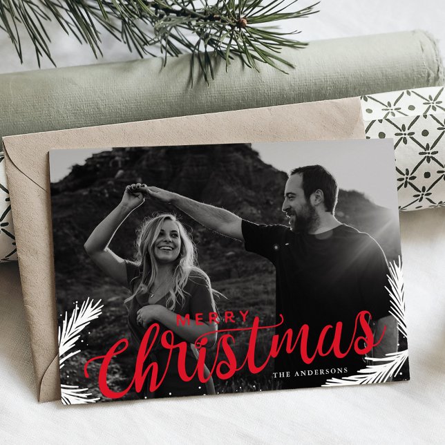 Pine Branches Merry Christmas Red Script Overlay Holiday Card (Creator Uploaded)