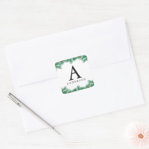 Pine Branches Pine Cones Monogram Christmas Square Sticker