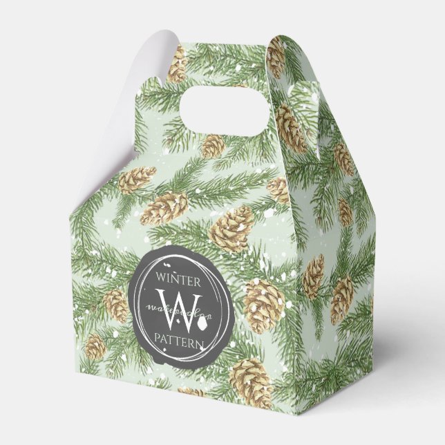 Pine Branches & Pine Cones Watercolor Pattern Favour Box (Front Side)