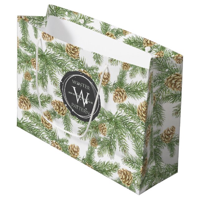 Pine Branches & Pine Cones Watercolor Pattern Large Gift Bag (Front Angled)