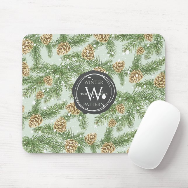 Pine Branches & Pine Cones Watercolor Pattern Mouse Mat (With Mouse)