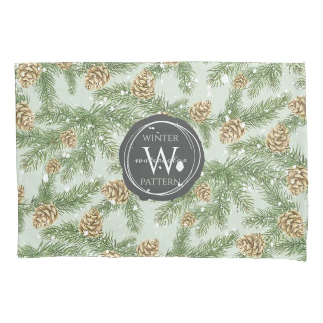Pine Branches & Pine Cones Watercolor Pattern Pillowcase (Front)
