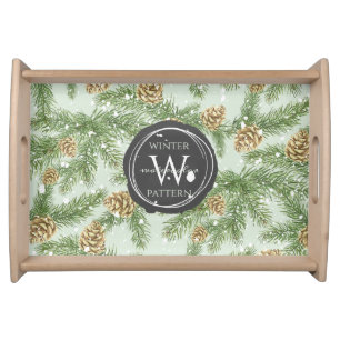 Pine Branches & Pine Cones Watercolor Pattern Serving Tray