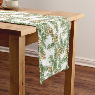Pine Branches & Pine Cones Watercolor Pattern Short Table Runner