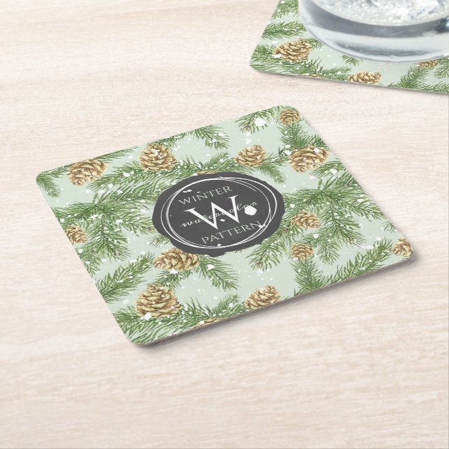 Pine Branches & Pine Cones Watercolor Pattern Square Paper Coaster (Angled)