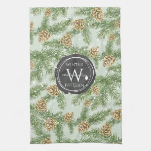 Pine Branches & Pine Cones Watercolor Pattern Tea Towel