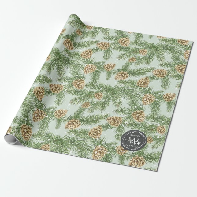 Pine Branches & Pine Cones Watercolor Pattern Wrapping Paper (Unrolled)