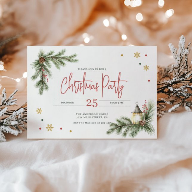 Pine Branches with Holly Berries & Gold Snowflake  Invitation (Creator Uploaded)