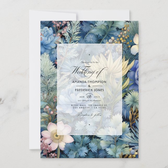 Pine, Brass and Pastel Blue Floral Winter Wedding Invitation (Front)