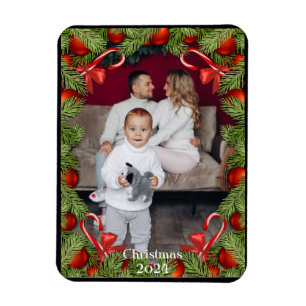 Pine Candy Canes Photo Name Christmas Holiday Card Magnet