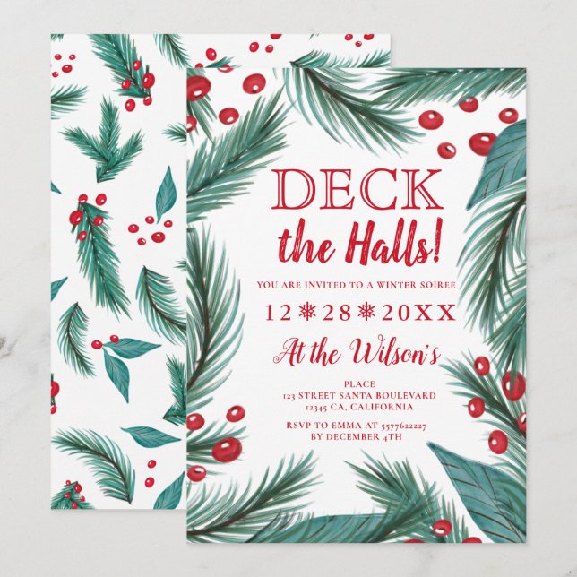 Pine Christmas mistletoe watercolor deck the halls Invitation (Front/Back)