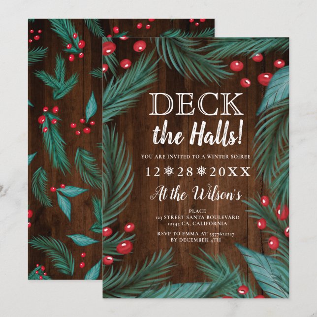 Pine Christmas mistletoe wood deck the halls Invitation (Front/Back)