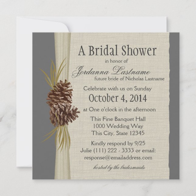 Pine cone and Burlap Look Bridal Shower Invitation (Front)