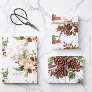 Pine Cone and Floral Bouquets Assorted Wrapping Paper Sheet