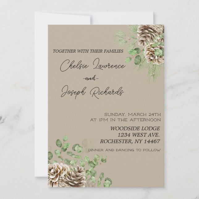 Pine Cone and Greenery Wedding Invitation (Front)