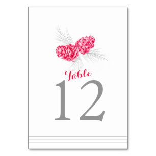 Pine cone art red white wedding table number