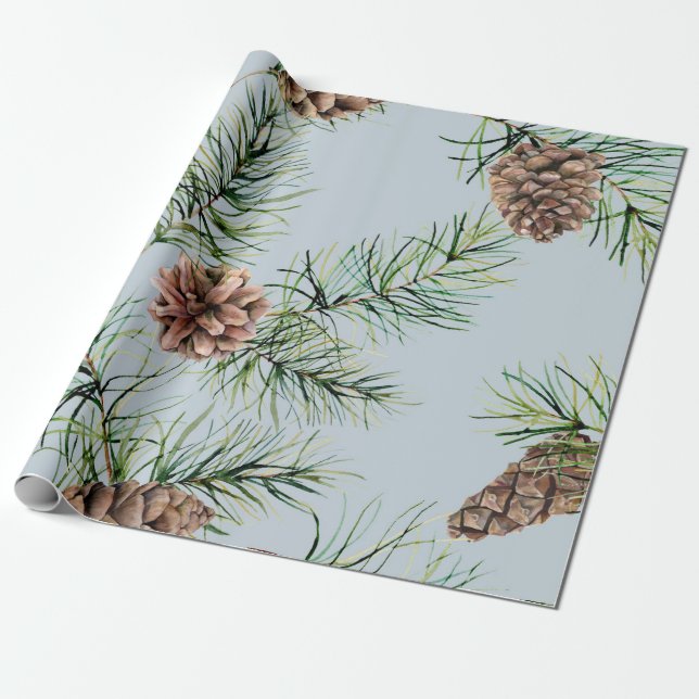Pine Cone/Blue Pattern Wrapping Paper (Unrolled)
