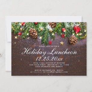 Pine Cone Branch Rustic Holiday Christmas Luncheon Invitation