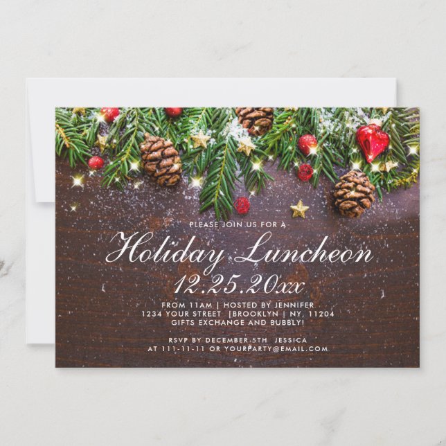 Pine Cone Branch Rustic Holiday Christmas Luncheon Invitation (Front)