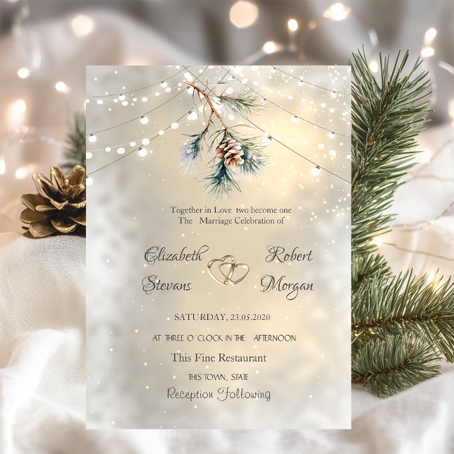 Pine Cone Branch String Lights Wedding  Invitation (Creator Uploaded)